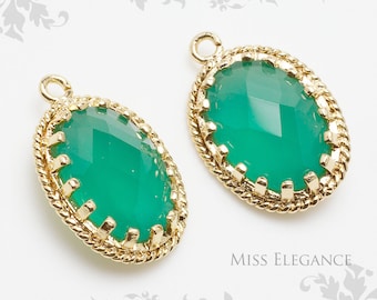 2pcs Palace Green Opal Glass Oval Framed Gemstone Pendants, Gold Plated Over Brass Unique Jewelry Findings Wholesale Supplies // 13mm x 17mm