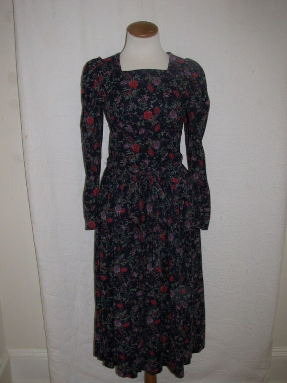 80s Fine Wale Corduroy Floral Laura Ashley Tea Dress