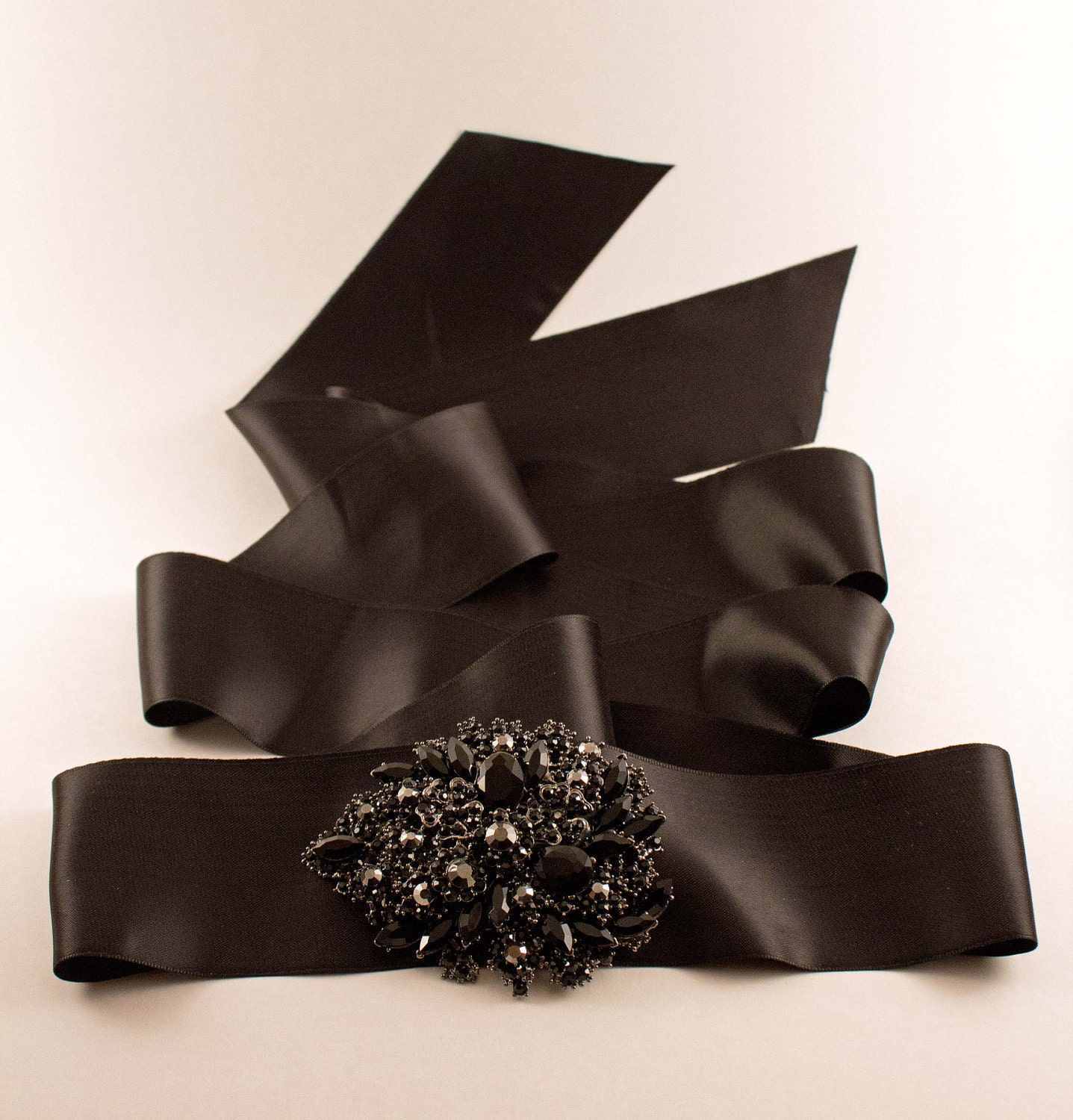 Bridal Black Satin Sash with Black Crystal Brooch