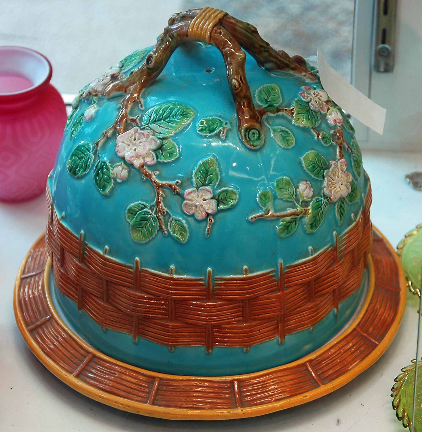 Antique MAJOLICA CHEESE KEEPER Rare Jones Dogwood and