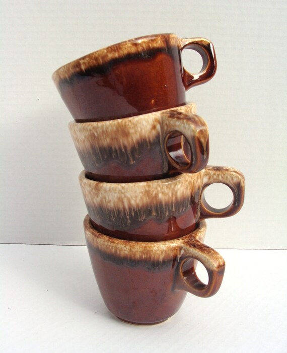 Hull Brown Drip Coffee Mugs . Set of 4 . OvenProof USA . Brown