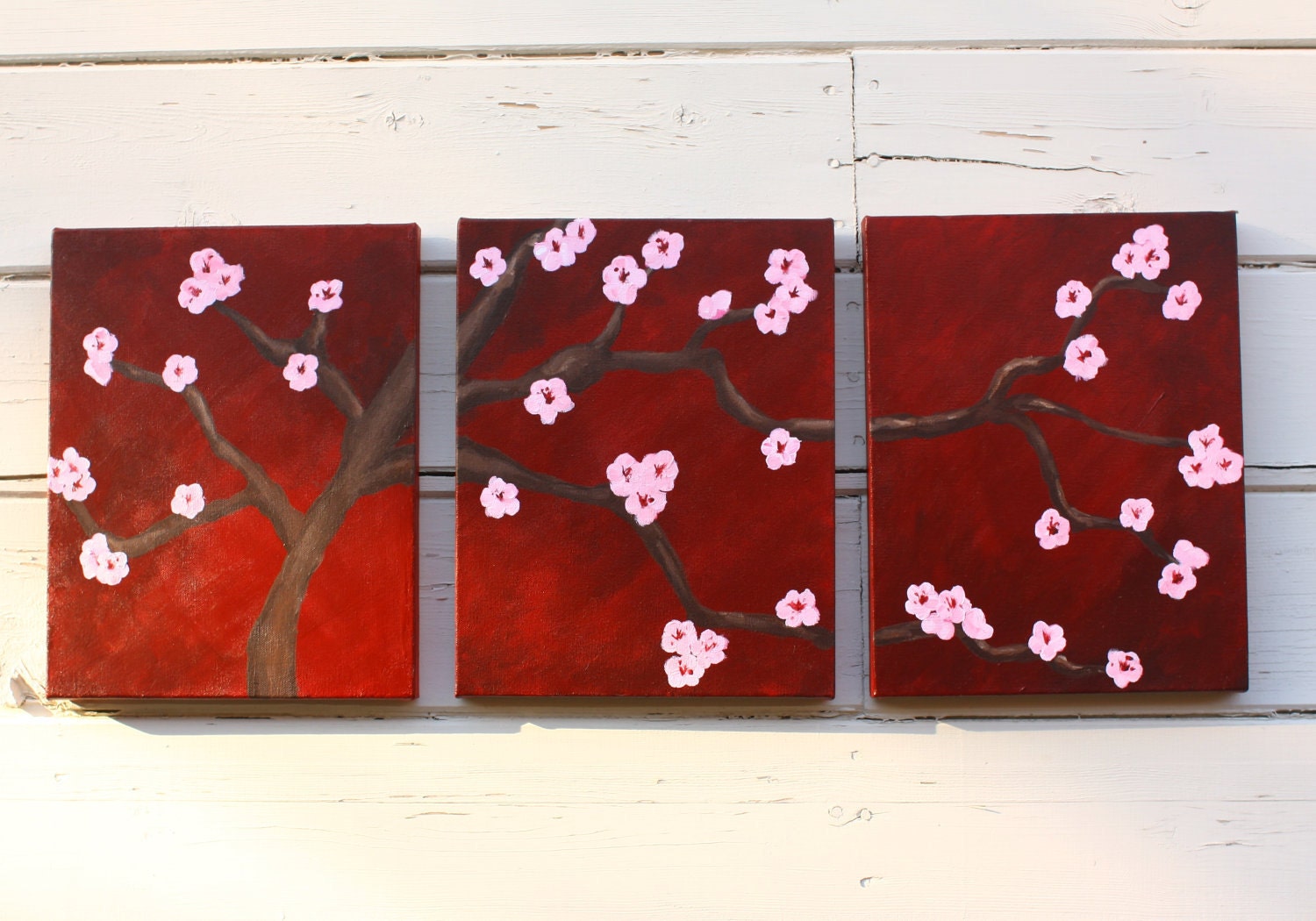 Cherry Blossom Painting Original Three 11x14 Panels Acrylic