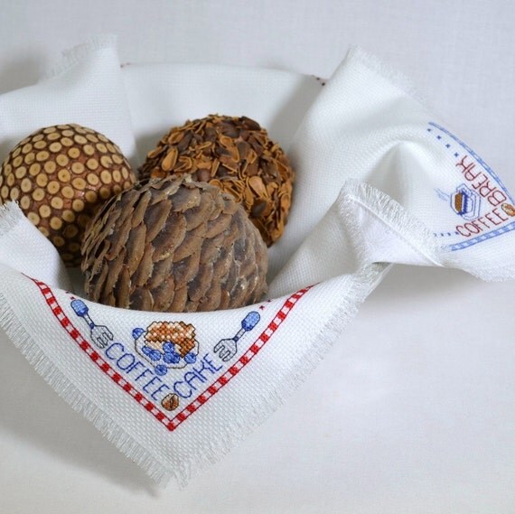 Bread Cloth Basket Bowl Liner Coffee Break Cross Stitch