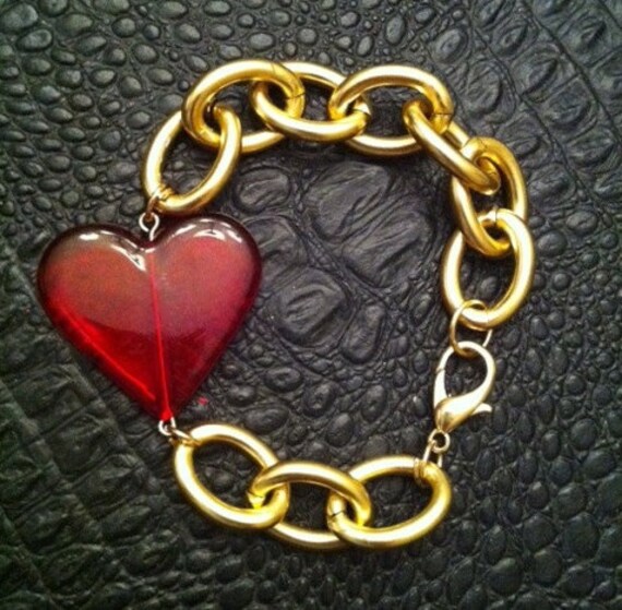 Gold Chain Red Heart Bracelet by spikethepunch on Etsy