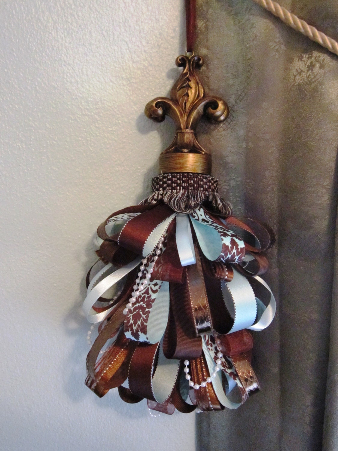 French Ribbon Tassel in Brown and Blue Fleur de lis