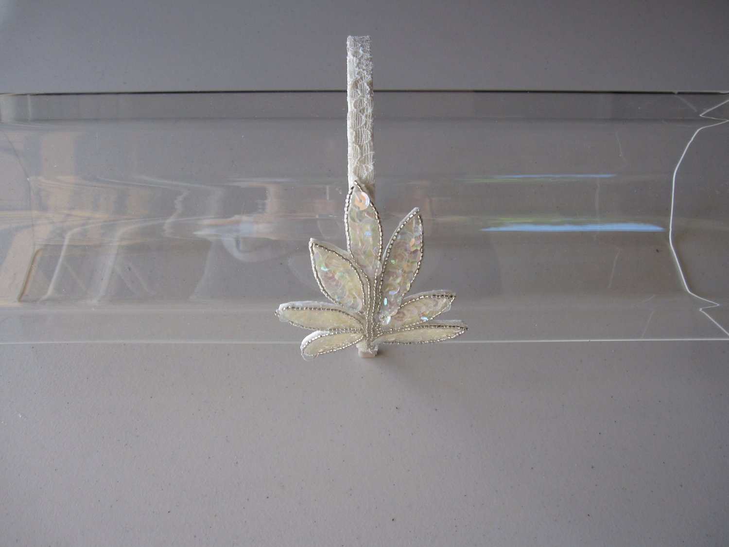 Ivory Sequin Leaves Applique Headband with Ivory Lace Trim