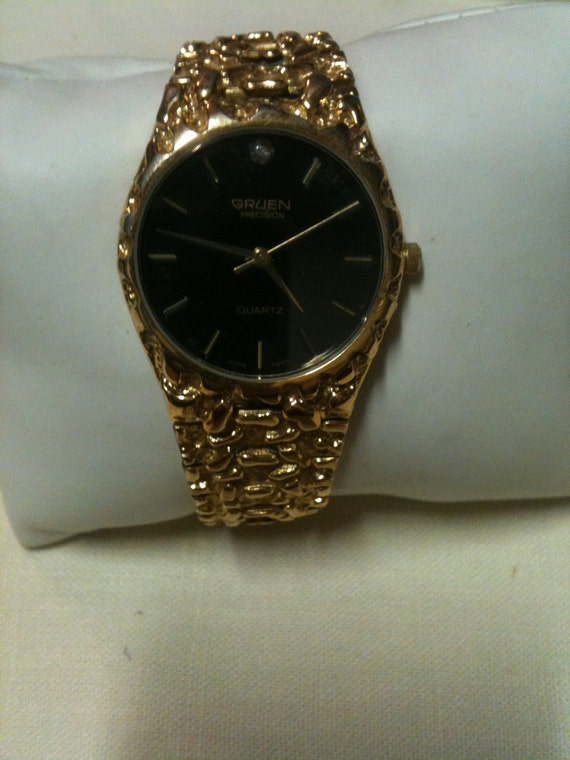 Vintage Mens Gruen Gold Nugget Watch w/ Diamond.
