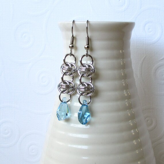 Aquamarine crystal chainmail earrings March birthstone