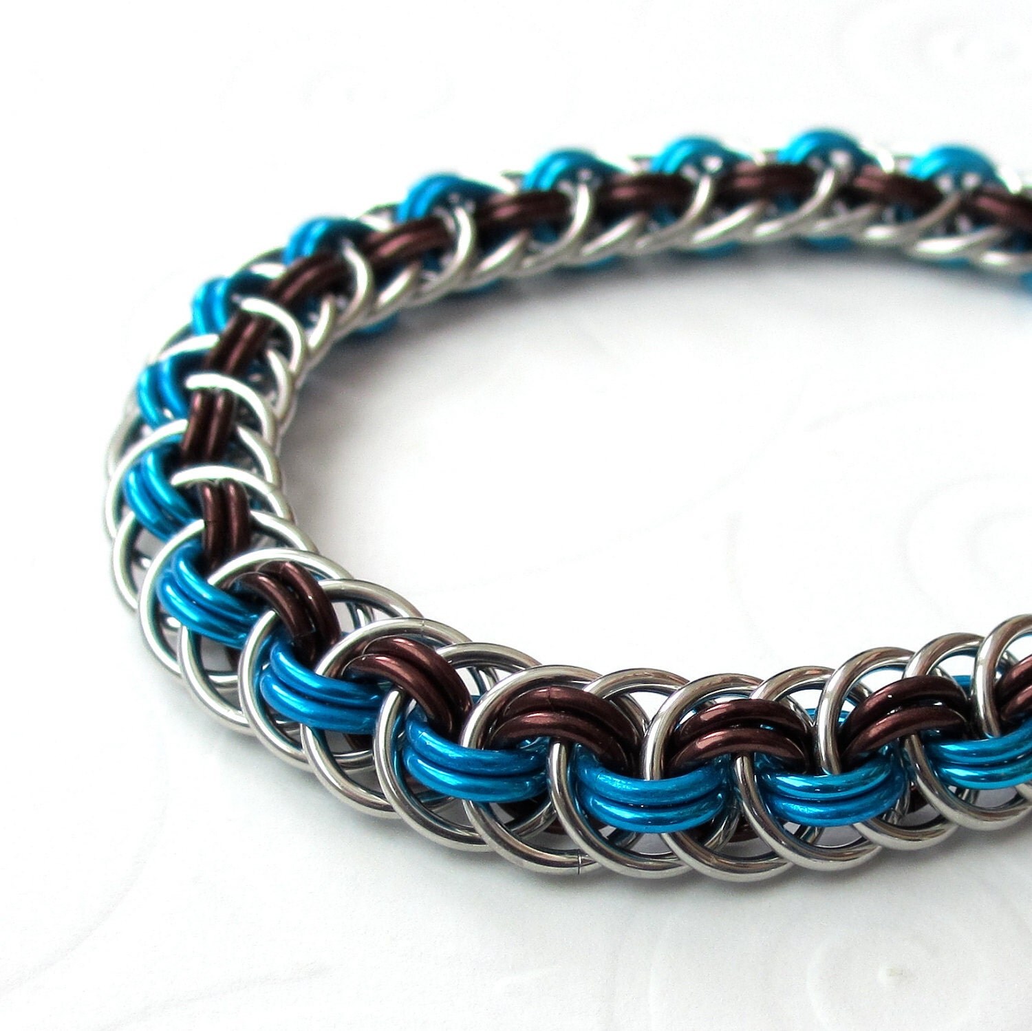 Chain mail Viper Basket bracelet in brown and turquoise