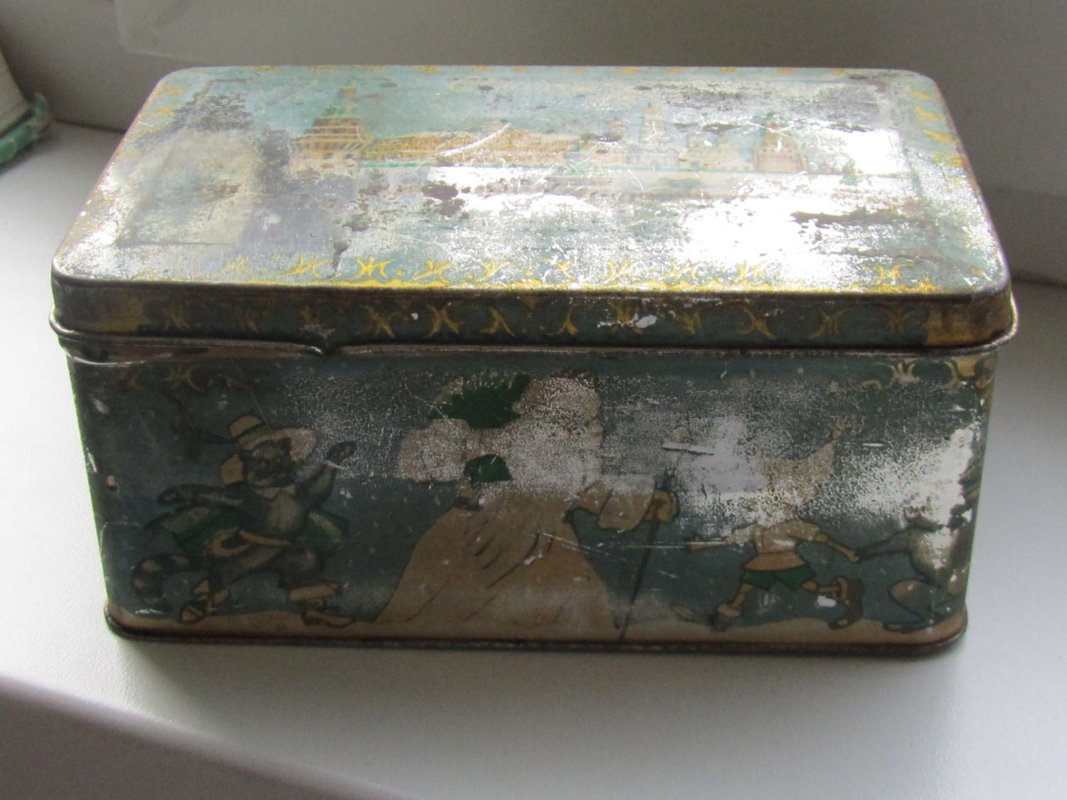 Vintage rare Metal tin Cookie Box each side has a diferent