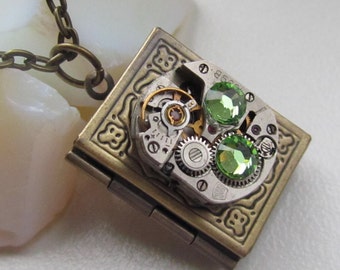 Steampunk book locket necklace with vintage watch movement and Swarovski crystals, Gift for Her, Birthday gift, Photo locket necklace
