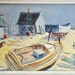 Vintage Mid-Century Oil Painting - Beach with Cat Boat and Boathouse - Signed Cal Martin