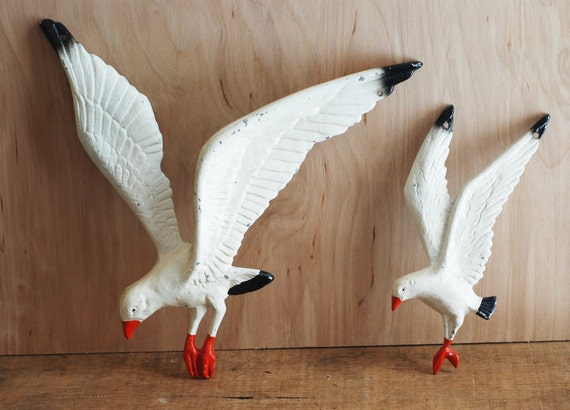 Vintage Retro Cast Metal Relief Seagulls with chippy paint