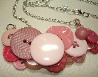 TICKLED PINK - Button Necklace - Vintage button Jewelry - PINK
