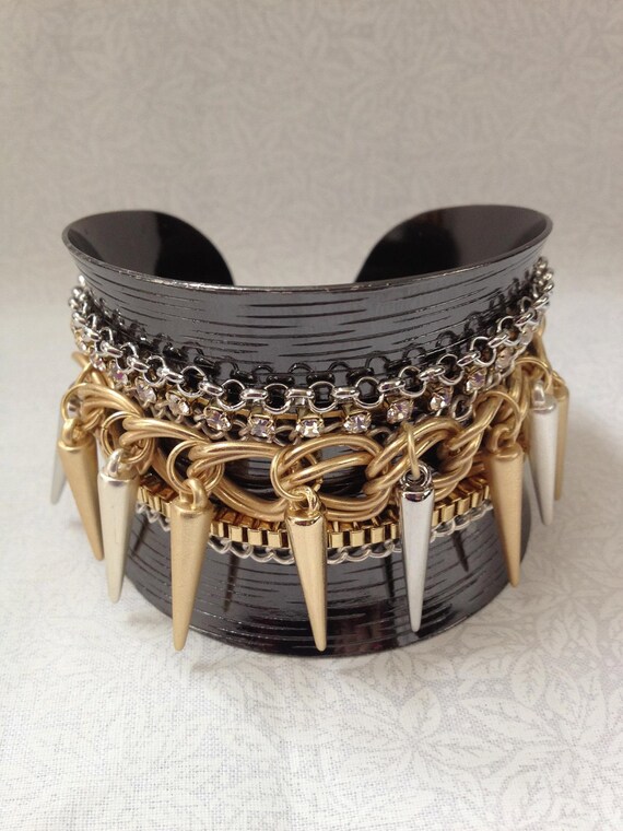 Spiked Cuff Bracelet Black Gold & Silver by BlissfulBargains