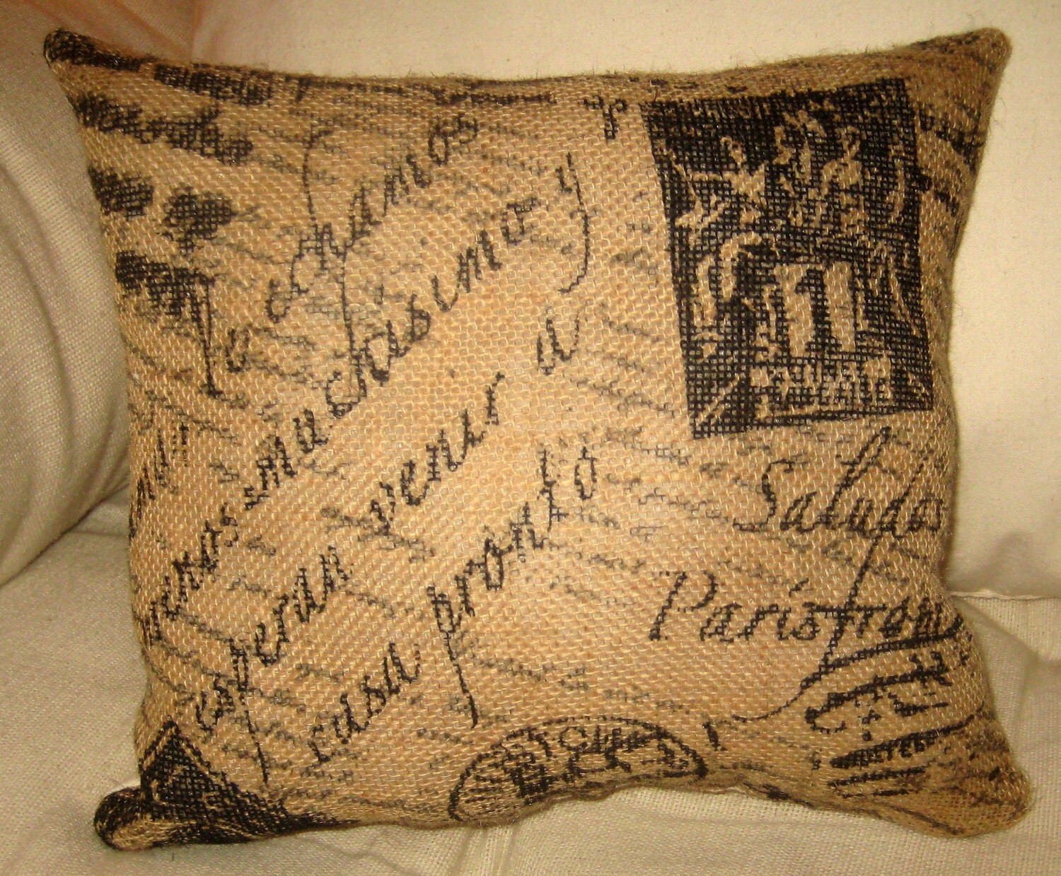 French Script Burlap Pillow French Country Shabby Chic