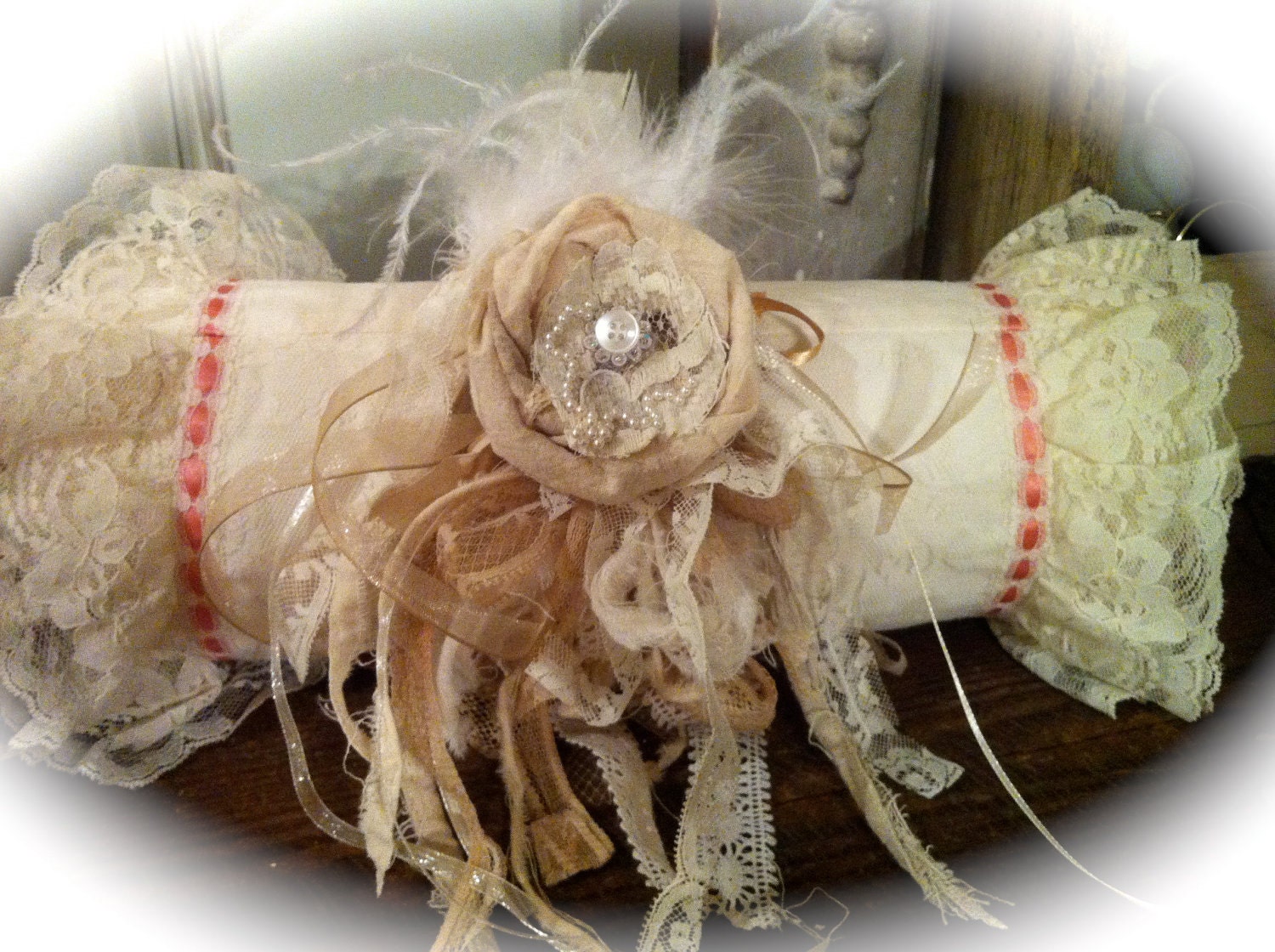 Lace pillow shabby chic FABULOUS and STUNNING tattered rose