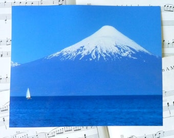 Nautical photography. Blue & sailboat. 8 x 10 print. Volcano seen from Frutillar.