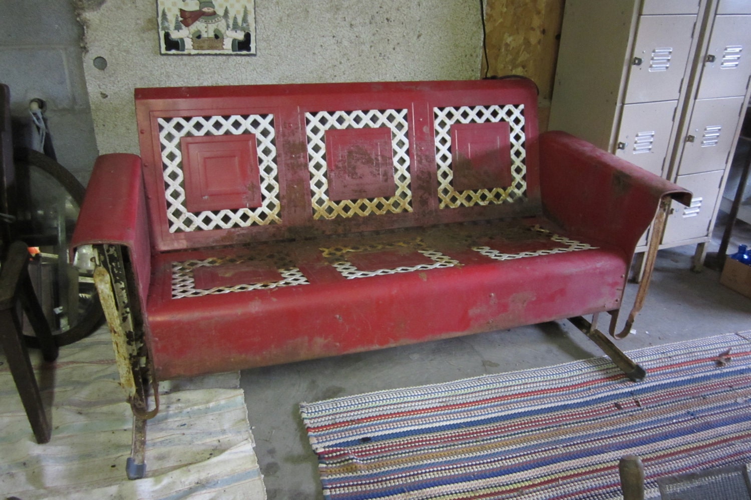 Antique Glider All Metal Vintage Glider Country Chippy Red and