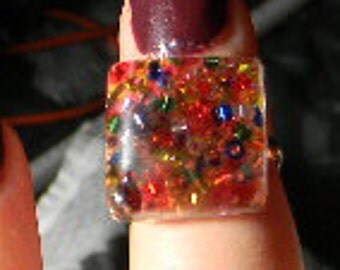 Red Confetti or Ruby Jewel Cabocohon Adjustable Ring