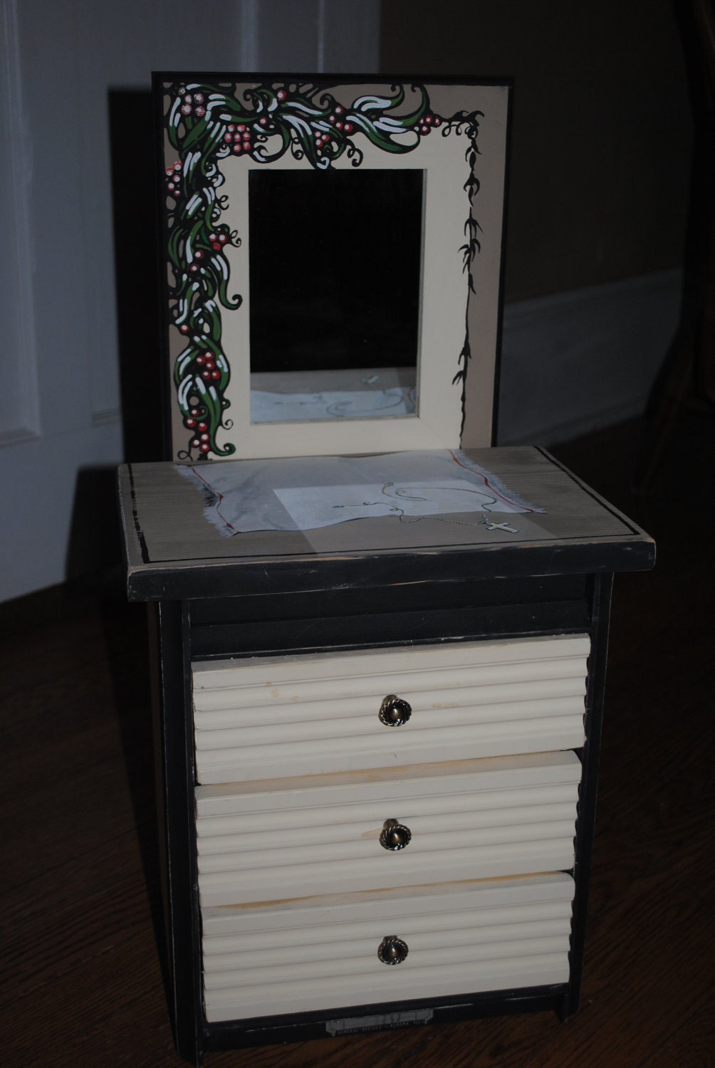 Elegant black jewelry box with earring holder/ Dresser for an