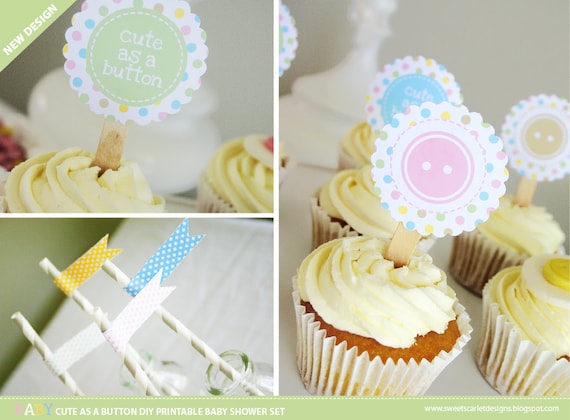 BABY SHOWER Cute As a Button Printable Set - Gender Neutral - Cupcake Toppers, Bunting, Favor Tags, Buffet Labels & more Il_570xn
