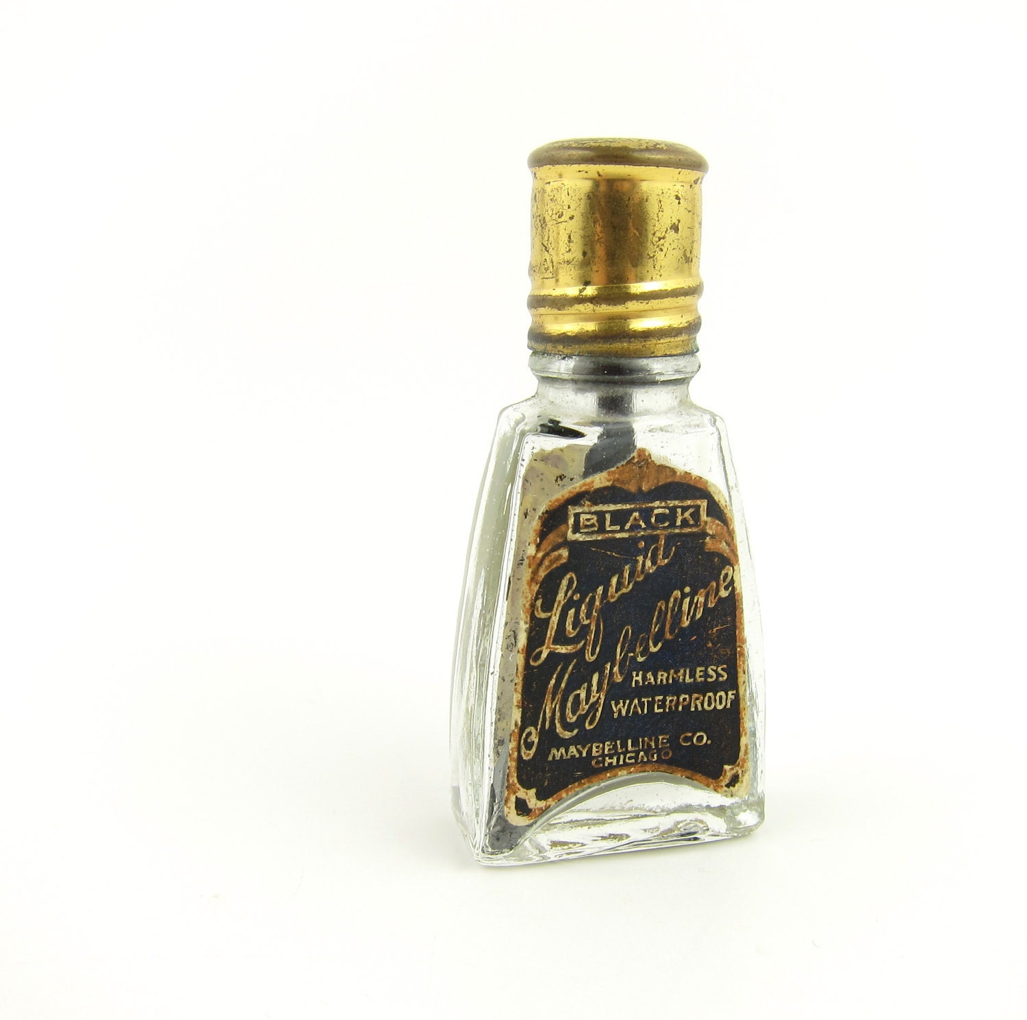 Vintage Maybelline Mascara Jar Glass Makeup Bottle with Gold