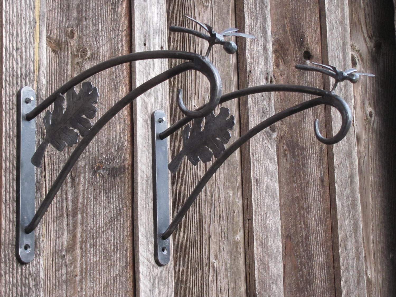 Pair Hand Forged Plant Hanger With Dragonfly And Oak Leaf