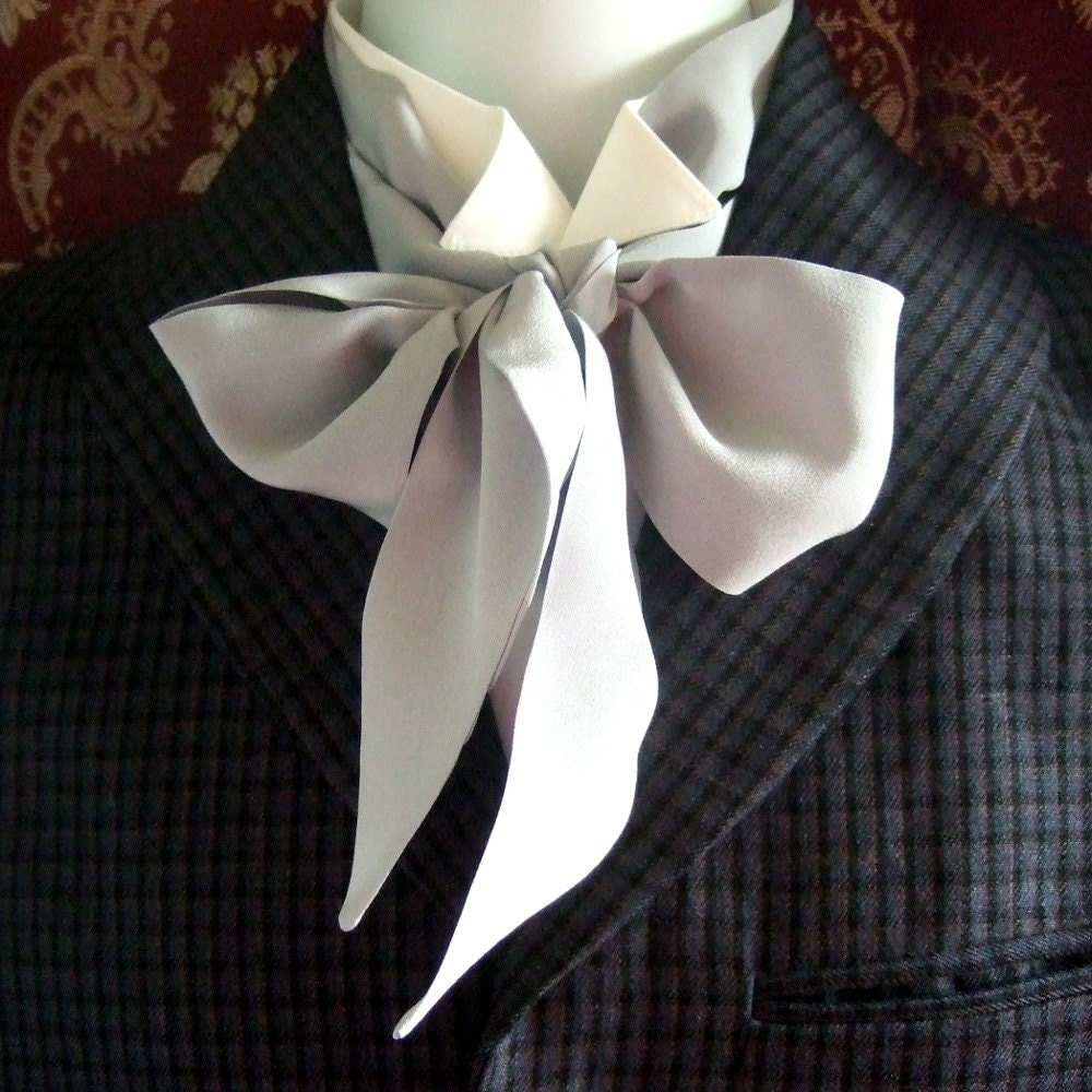 Victorian Bow Tie Cravat Ascot inTitanium Silver 100% Silk