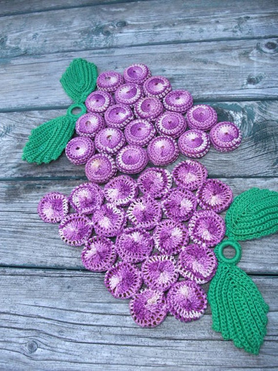Pair Vintage Bottle Cap Grape Cluster Crocheted Trivet purple