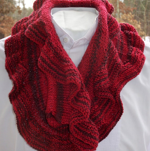 Knitted Cowl Scarf Red Ruffled Scarf Neck Scarf Hand Knit