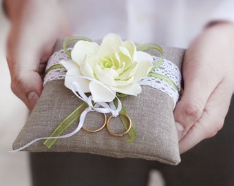 Rustic Ring Pillow. Linen Handmade Wedding Ring Pillow with Flower.