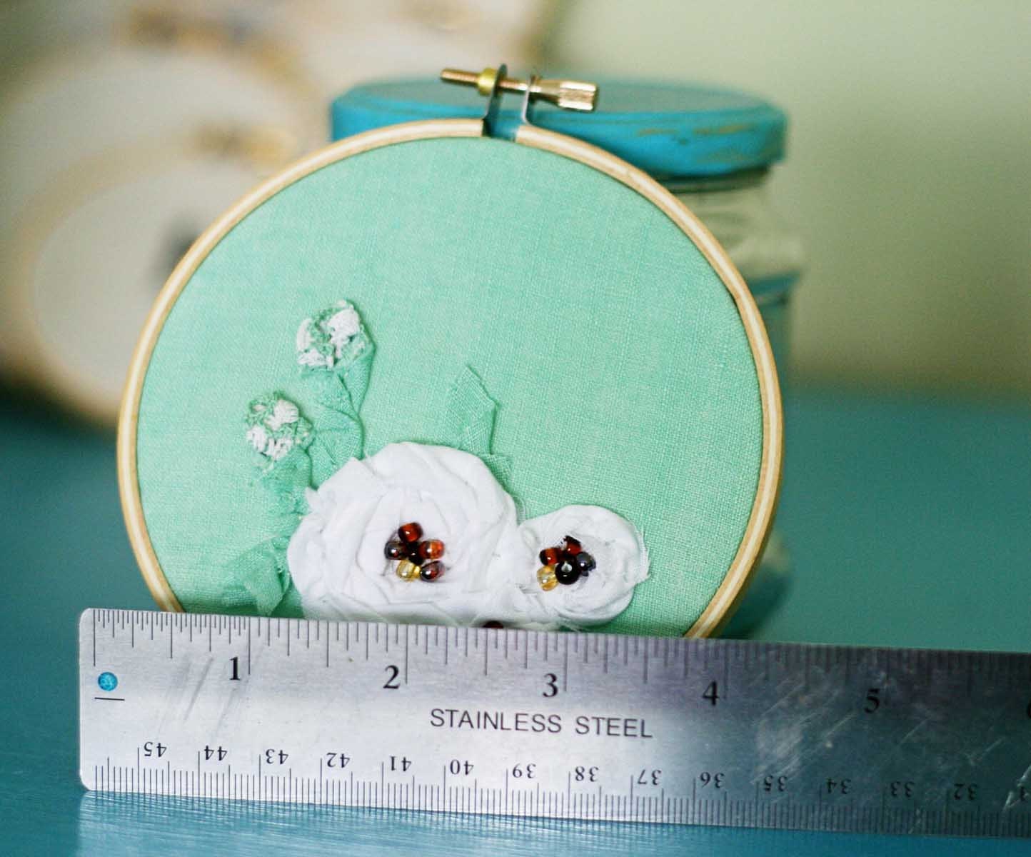 Mint vintage fabric embroidery hoop / white flower home decor
