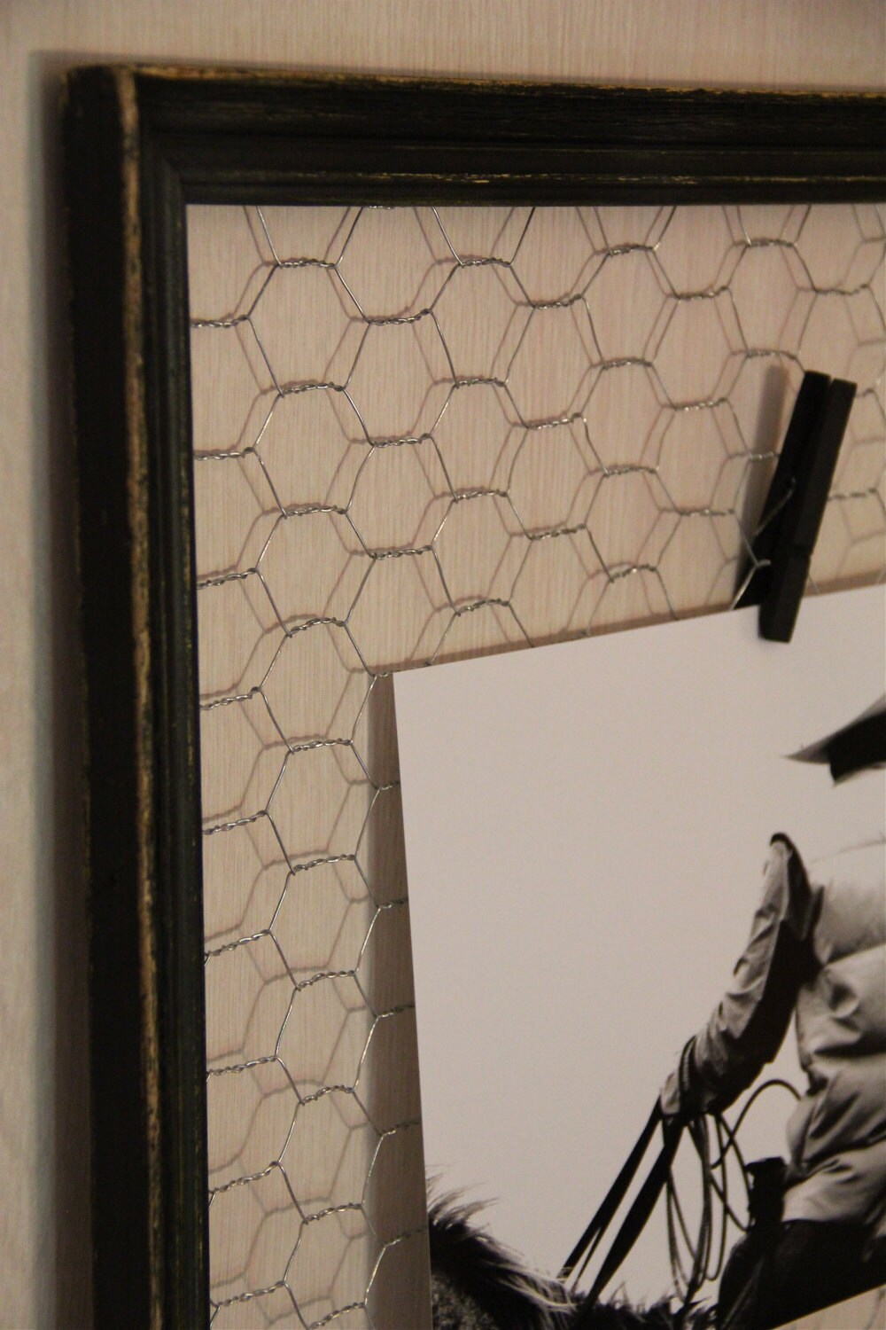 Chicken Wire Memo Display Board in Black Distressed Frame