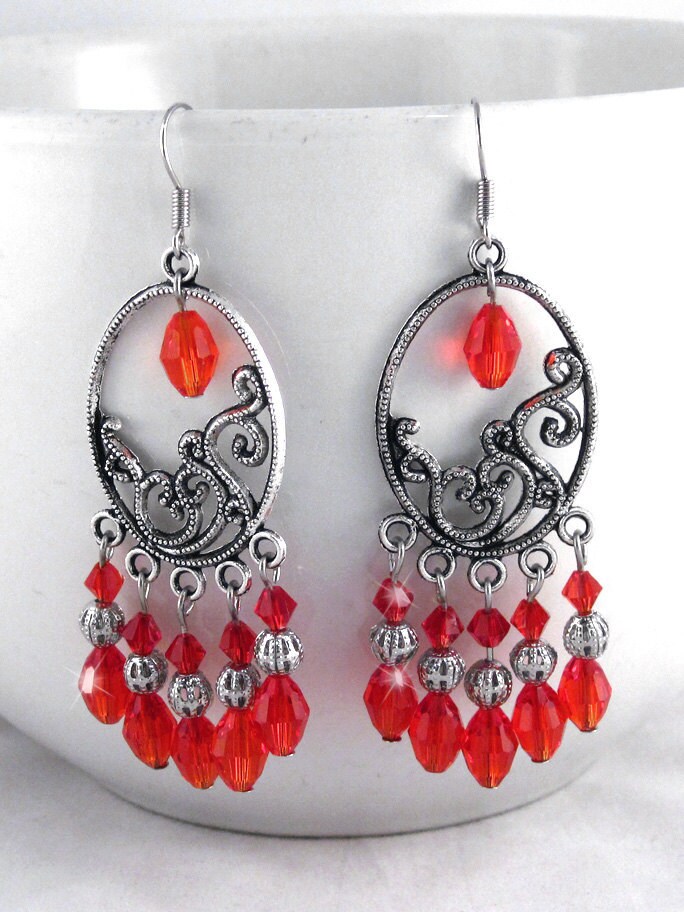 Red chandelier earrings red crystal earrings by OohlalaBeadtique