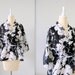 Vintage Kimono Top - 1970s Bohemian Blouse - Black and White Print