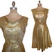 Vintage early 1960s Malcolm Starr Metallic Gold Lame Cowl Drape Bias Cut Evening Dress size Large