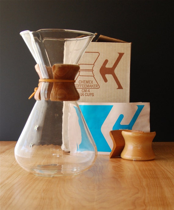 Vintage Chemex Coffee Maker 14 Cup with Original Box, Original Manual, and Extra Wooden Collar
