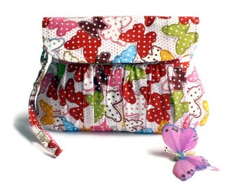 Colorful Butterfly Gathered Clutch Purse Cotton Screenprint