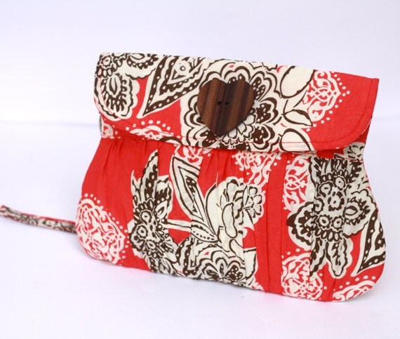 Wristlet Pleated Wristlet In Coral and Brown Flower with