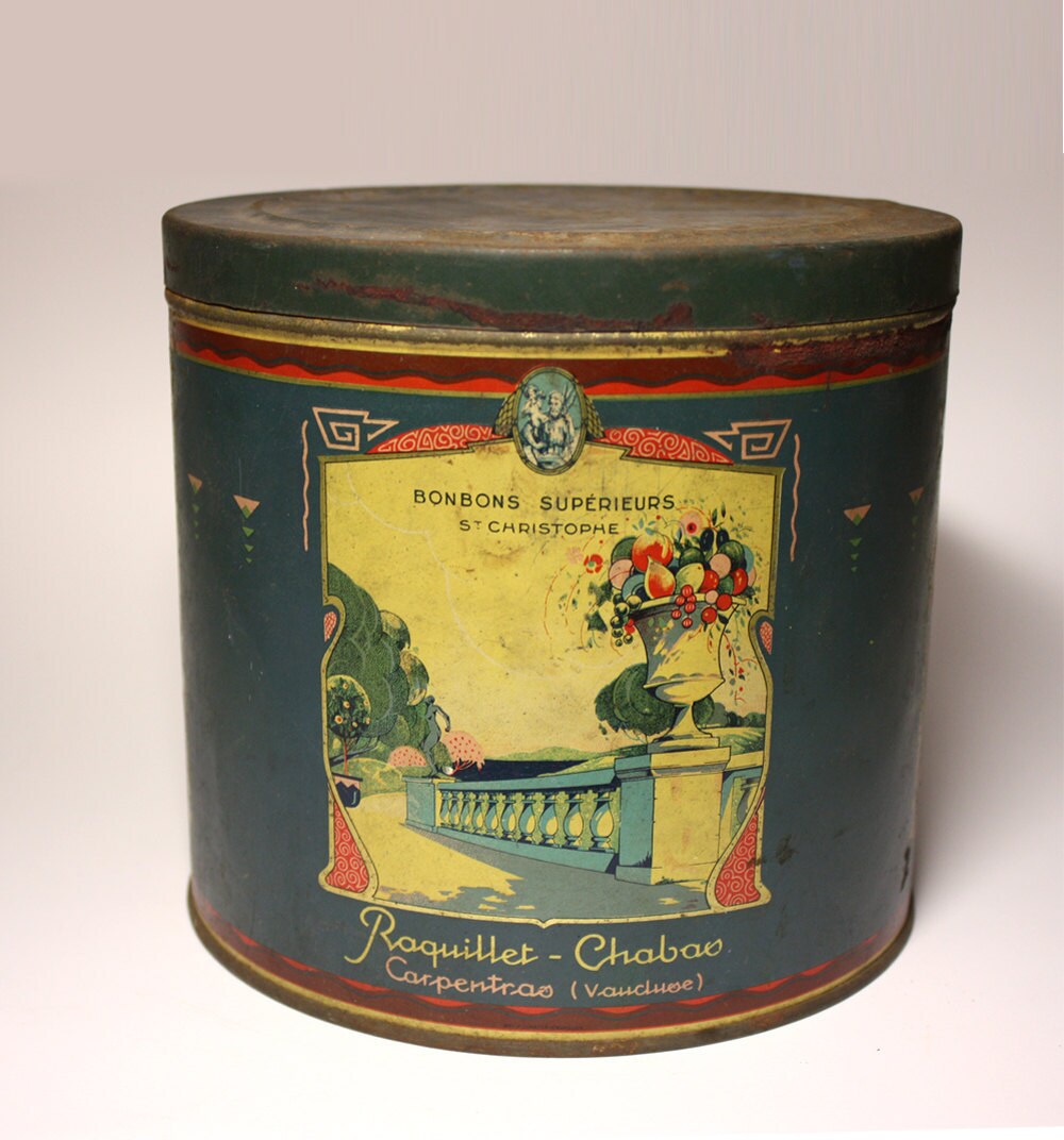 Very Old large french vintage TIN BOX Raquillet