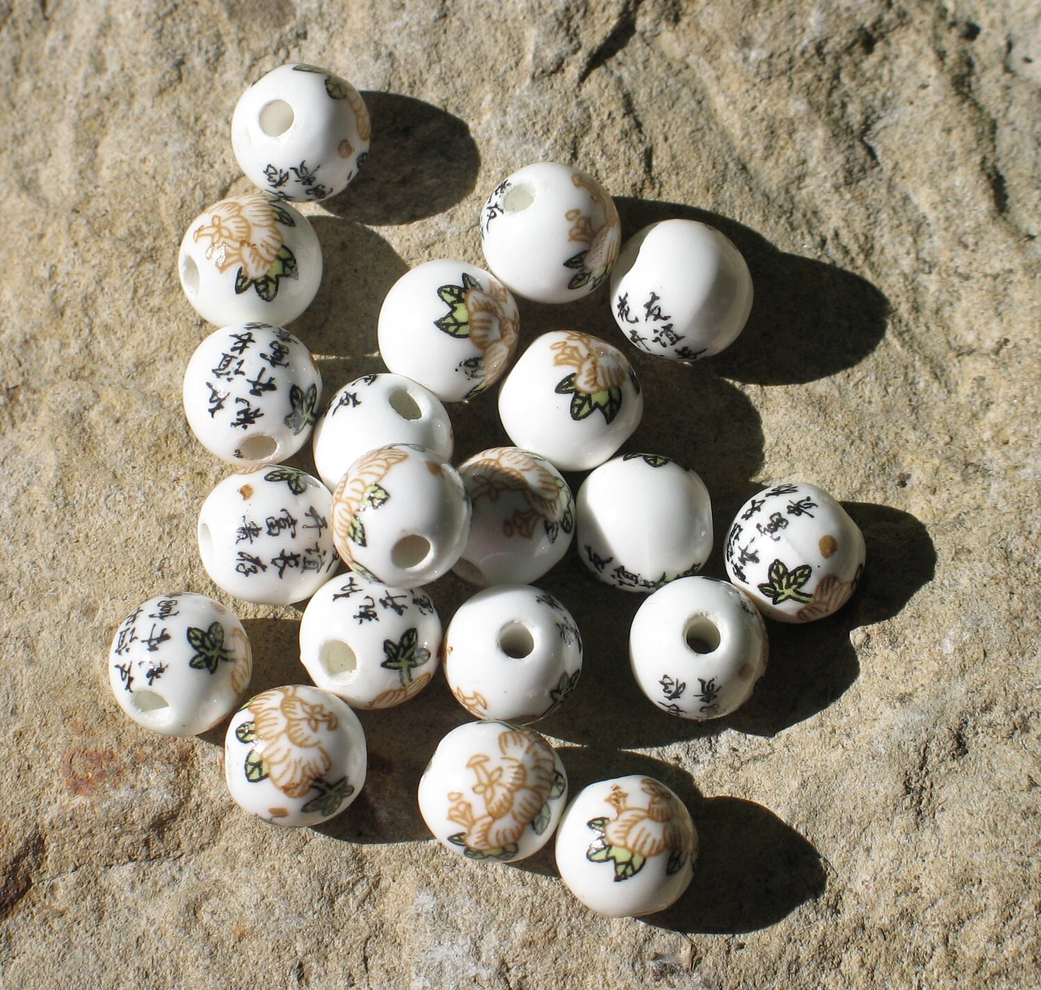 White Chinese porcelain beads with flowers & script from SleepyBuddha