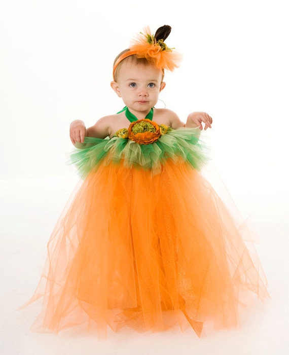 Tutu Dress - Pumpkin Halloween Costume - Orange & Green - Gorgeous Gourd - 12 Month to 2 Toddler Girl Il_570xn