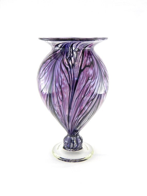 Hand Blown Art Glass Vase Amethyst Purple Lilac and Black