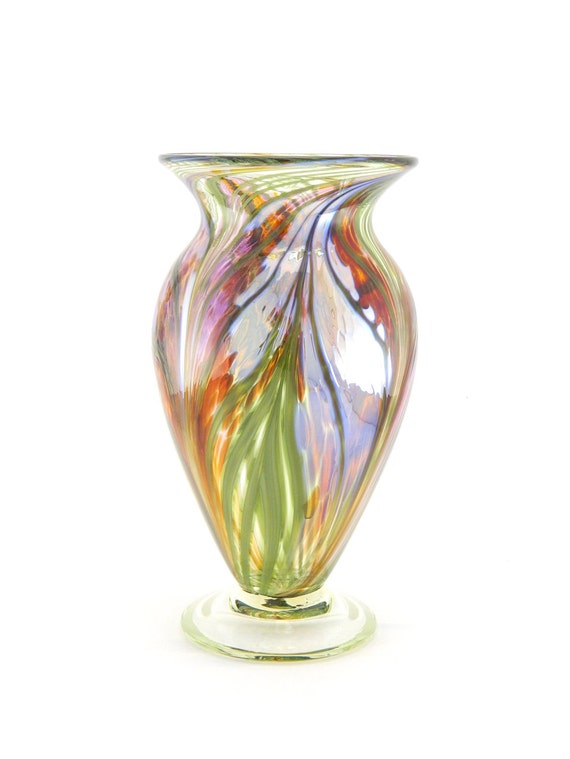 Hand Blown Art Glass Vase Iridescent Amber Purple and