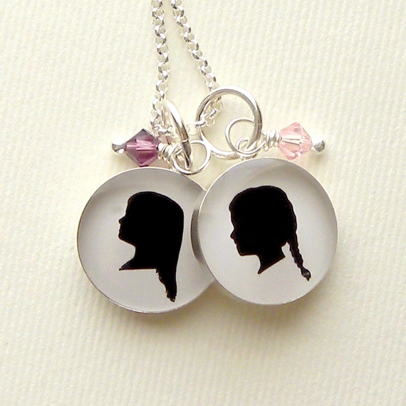 2 Medium Sterling Custom Silhouette Pendant Necklace for Mother or Grandmother with Birthstones