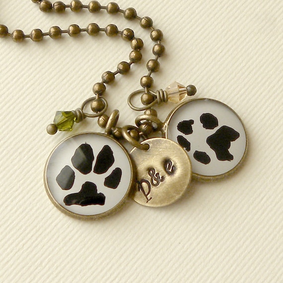 Custom Paw or Handprint Necklace with 2 Print Pendants, 2 Birthstones & a brass stamped disc
