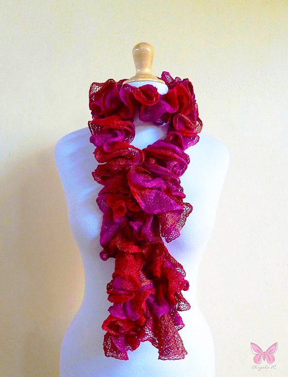 Dark RED & Fuchsia Ruffled Scarf knitted by OriginalDesignsByAR