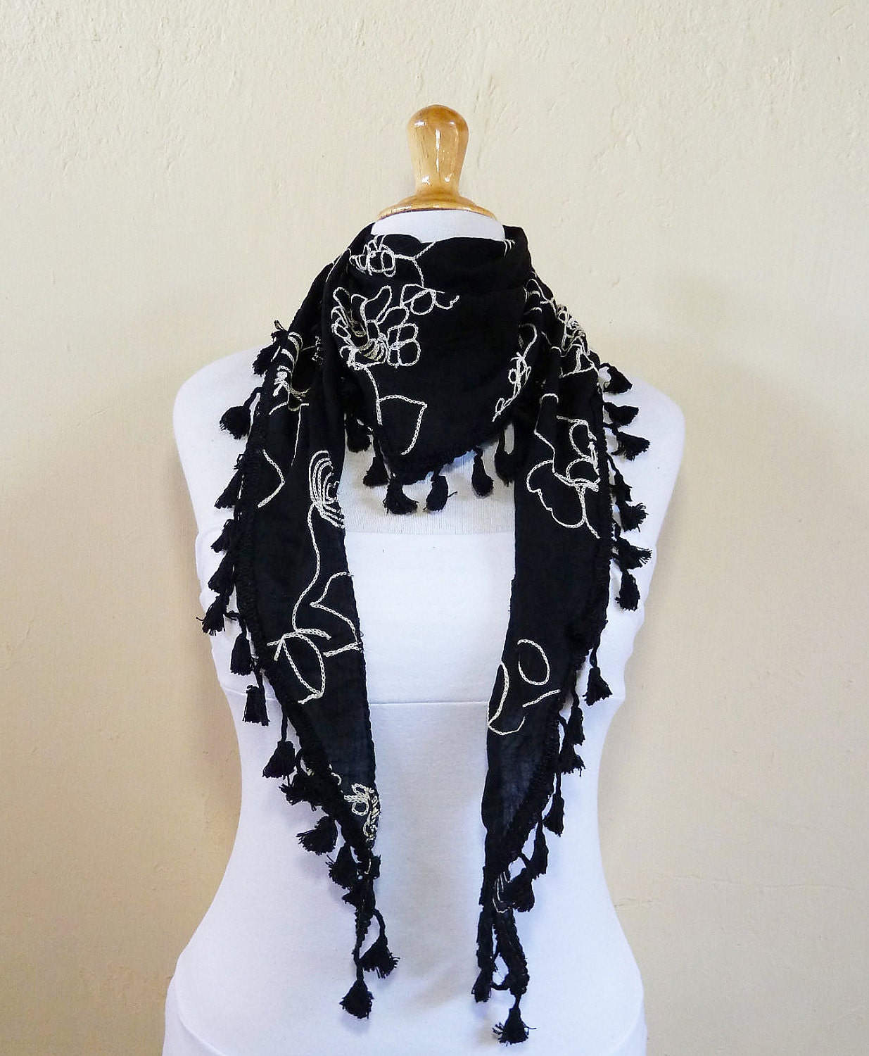 Scarf Black with floral embroidery by OriginalDesignsByAR