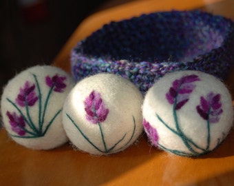 Wool Dryer Balls, Lavender Essential Oil Infused, Sachets, Set of 3 With Crocheted Basket, Eco Friendly, Natural, Handmade, Christmas Gift